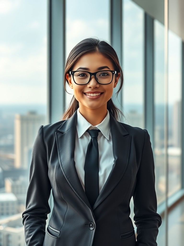 Corporate poster design featuring a confident young businesswoman in professional attire standing in a modern glass office, city skyline background, motivational atmosphere, clean typography space, high-end commercial photography style