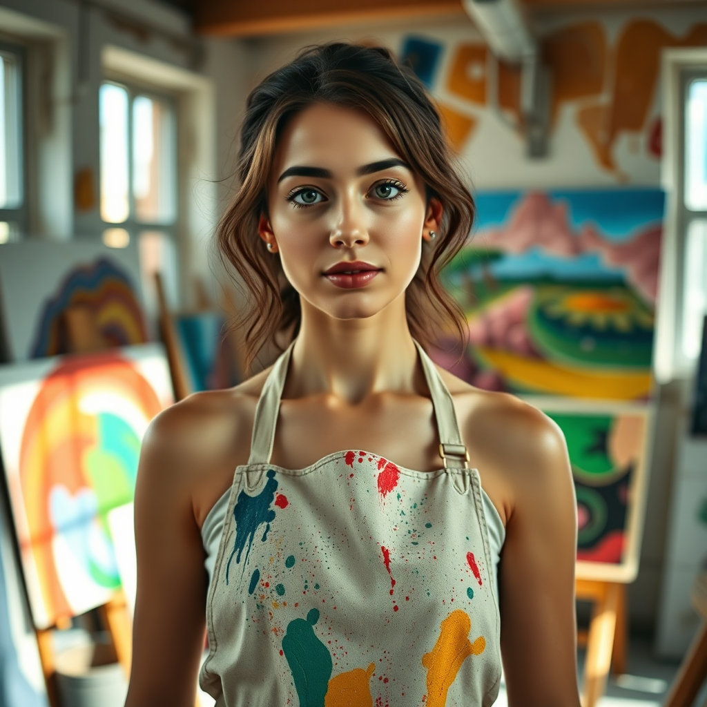 Artistic portrait of a young female artist with paint-stained apron in her colorful studio, natural light streaming through large windows, oil paintings in background, candid expression, documentary style photography