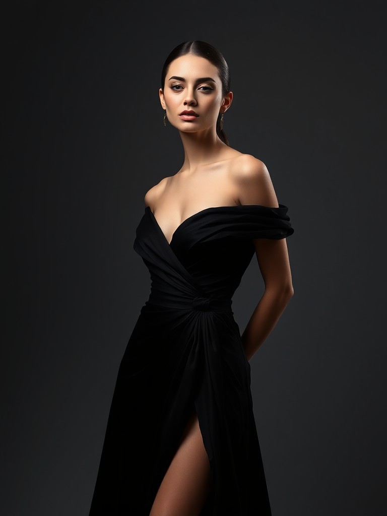 Fashion photograph of elegant black evening dress on professional model, studio lighting with dramatic shadows, luxury fabric texture, high-fashion editorial style, sophisticated pose