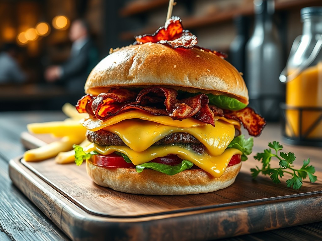 Gourmet burger with layers of fresh ingredients, melted cheese, crispy bacon, on wooden cutting board, rustic restaurant setting, appetizing presentation, food photography lighting