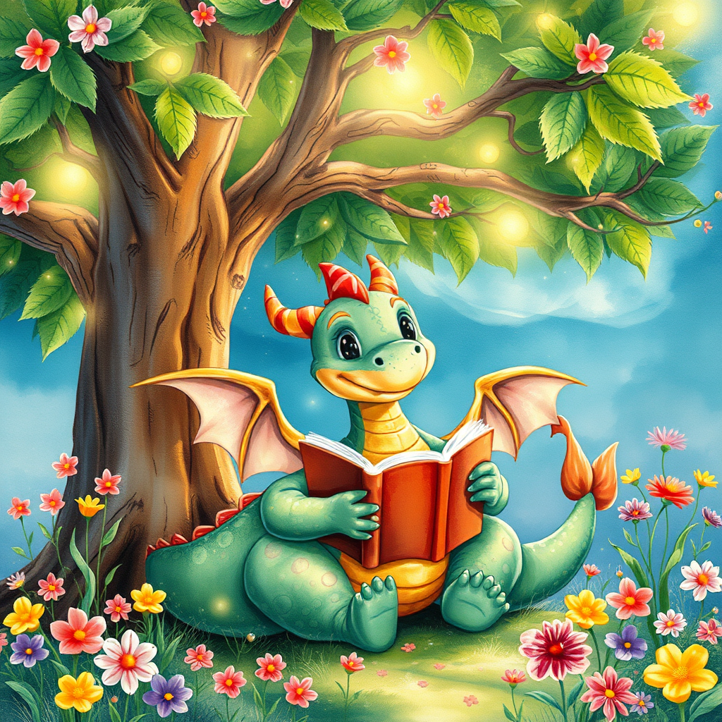 Whimsical children's book illustration of a friendly dragon reading a book under a magical tree, colorful flowers, fairy tale atmosphere, watercolor painting style, bright and cheerful