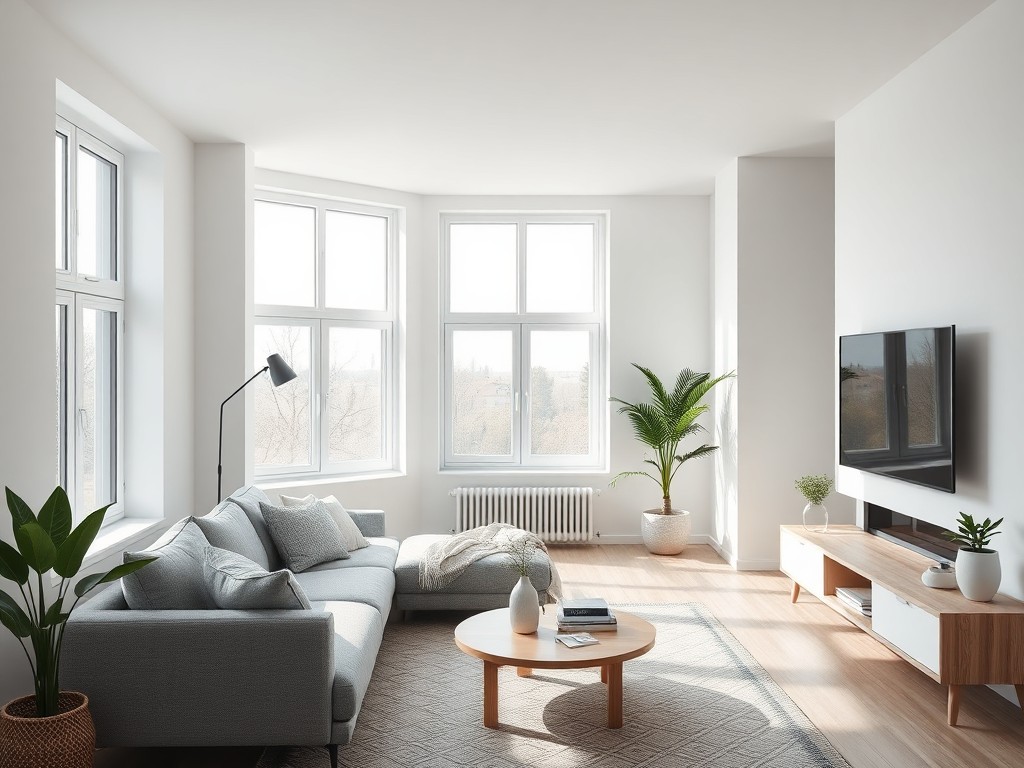 Modern Scandinavian living room with white walls, natural wood furniture, cozy gray sofa, plants, large windows with natural light, minimalist decor, architectural photography style