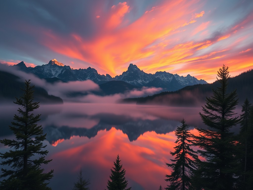 Breathtaking sunrise over misty mountain lake, reflection of peaks in still water, pine trees in foreground, dramatic clouds, landscape photography, vibrant colors, pristine wilderness