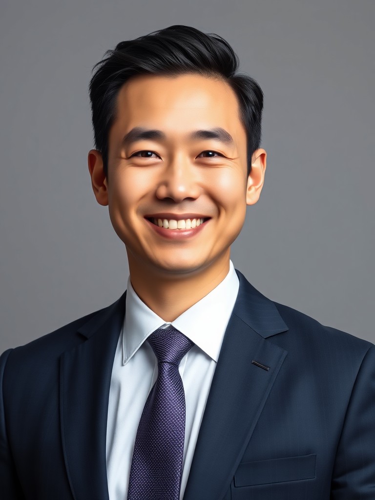 Transform this portrait into a professional business headshot with modern office background, soft studio lighting, confident expression
