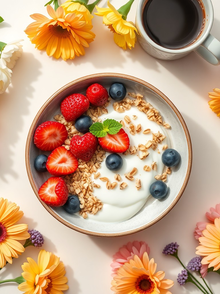 Instagram-worthy flat lay of healthy breakfast bowl with fresh berries, granola, and yogurt, surrounded by coffee cup and flowers, bright natural lighting, aesthetic food photography, vibrant colors