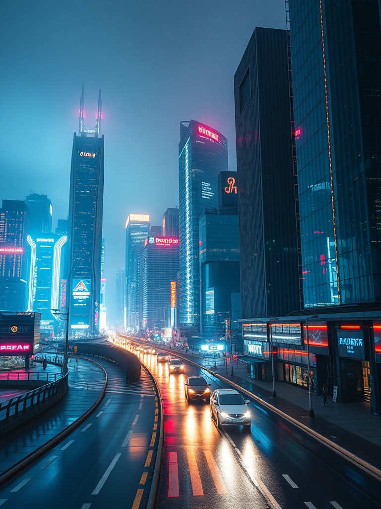 Futuristic city skyline at night with illuminated skyscrapers, neon lights reflecting on wet streets, modern architecture, cyberpunk atmosphere, long exposure photography effect
